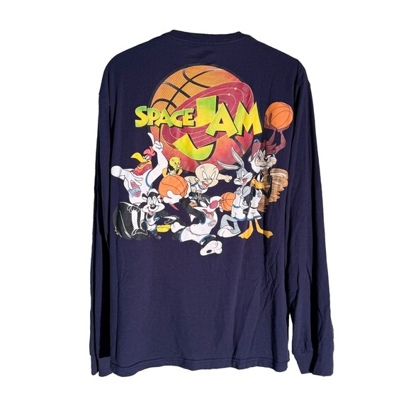 VTG Space Jam T Shirt 90s Mens Med Long Sleeve Navy Looney Tunes Jordan Bugs Taz - Picture 3 of 6